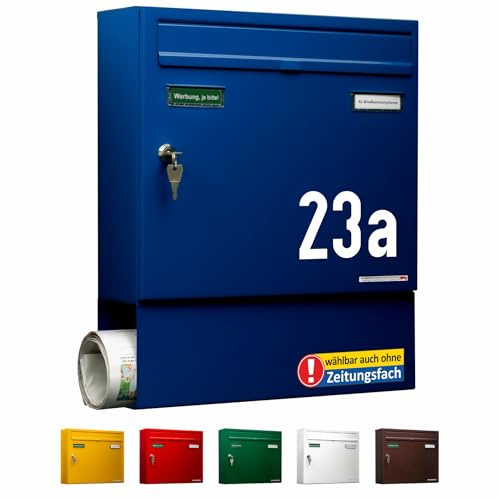 AL Briefkastensysteme Briefkasten mit Hausnummer blau RAL 5010 - Basic 1er Briefkasten mit Zeitungsfach und Namensschild wetterfest Din A4 - Postkasten mit Hausnummernschild personalisiert