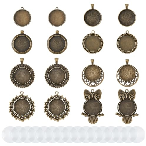 DICOSMETIC 16 Stücke 8 Stile Runde Lünette Anhänger Schalen Eulen Blumen Mond Anhänger Schalen Cabochon Leere Basis Legierung Leere Anhänger Kits Mit 16 Stücke Klare Glas Cabochons