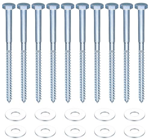10 Stück M10 Sechskant Holzschrauben, 10 x 160 mm Verzinktes Sechskantschrauben mit Unterlegscheiben, Schlüsselschrauben Sortiment Set, DIN 571 & DIN 9021