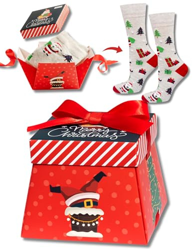 soxo Weihnachts Socken Herren Damen Geschenksocken in Geschenkbox mit Schleife Weihnachtsmann 35-40 Rot