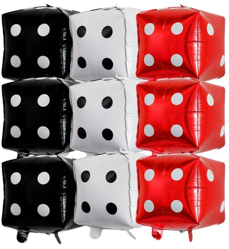 9Pcs Large Dice Balloons,24 Inch Cube Foil Balloons 4D Square Dice Foil Red Black White Balloon for Game Night Las Vegas Birthday Graduation Prom Party Supply