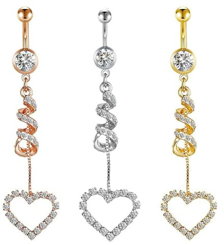 Tolldek Piercing Schmuck, 3stk Nabelpiercing Edelstahl, Zirkonia Piercings Set Herz Anhänger Körper Piercing Sommer Schmuck 14 Gauge, Tricolor