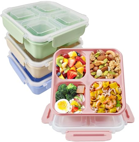 greenandlife 4 Pack Snack Containers, Reusable 4 Compartments Bento Snack Box, Meal Prep Lunch Containers for School Work Travel, Divided Food Storage for Kids Adults