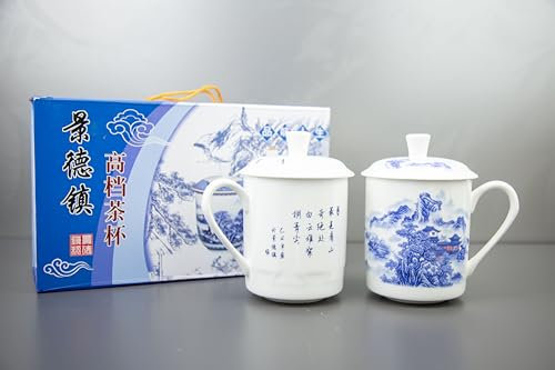KOKOBASE Jingdezhen - Juego de 2 tazas de té tradicionales chinas con tapas, porcelana azul y blanca, 300 ml, caja de regalo