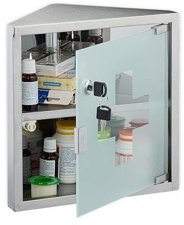 Relaxdays Medizinschrank, 2 Fächer, HxBxT: 30x30x17,5 cm, abschließbar, Edelstahl, Glastür, Eck Apothekenschrank, Silber