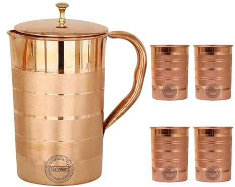 Trinkwasserkrug aus reinem Kupfer mit 4 Bechern für die Vorteile des Ayurveda Traditioneller Kupferkrug zum Trinken 1,5 l 50,7 oz (Silver Touch)