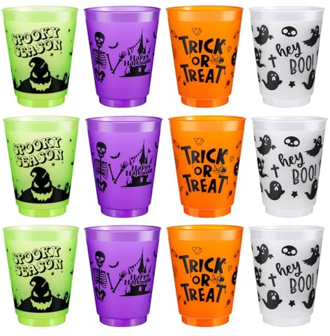 12 Stück Halloween Becher aus Kunststoff Zubehör Set für Junge Kinder, Wiederverwendbar Plastik Cups Tassen Trinkbecher Accessoires für Halloween Kaffee Bier Saft Getränke Party