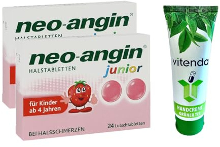 Neo-Angin Junior Halstabletten 2x24Stk inclusive einer Handcreme von vitenda - lindert Halsschmerzen und beruhigt die Schleimhaut in Mund und Rachen