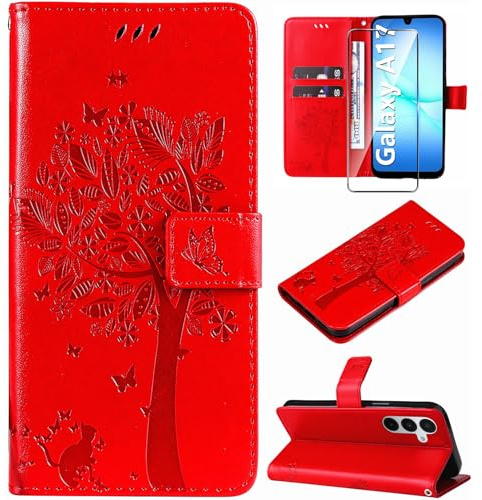 Hancda Phone Case for Samsung Galaxy A17 5G / A17 4G Leather Case with Tempered Glass Screen Protector Wallet with Card Holder Flowers Design Magnetic Case Flip Cover for Samsung A17 5G/4G,Red