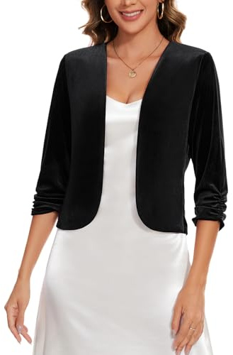 Kyzoeyou Ladies Velvet Shrugs 3/4 Ruched Sleeve Womens UK Smart Crop Cover Up Front Lined Fit Jackets Cardigans Sweater Open Front Outerwear Vintage Bolero Top (Black M)