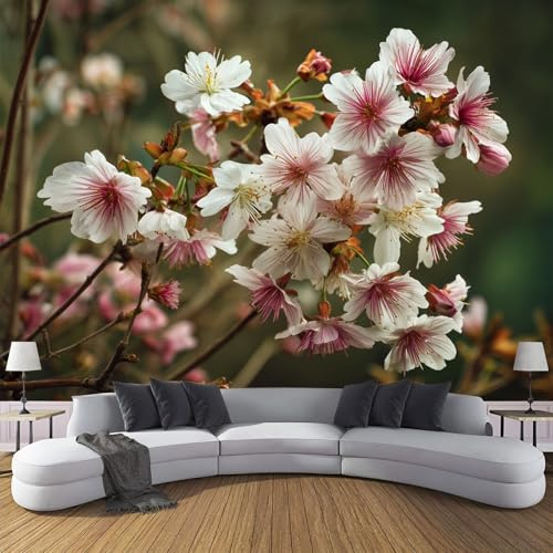 Murales de Pared Flores De Cerezo Retro Papel Tapiz Estilo De Jardín Japonés Papel Pintado de Seda Verde Fotomural Murales de Decorativos para Dormitorio, Salón, Oficina, Hotel 400x280cm