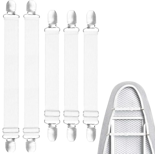 Lot de 5 tendeurs de drap de lit réglables avec pinces en métal pour draps, matelas, canapés, planches à repasser (blanc)