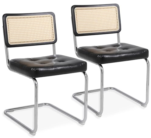 SEEDWAVE Freischwinger Stuhl 2er Set, Retro Vintage Stil, Chrom-Beschichtung, Kunstleder Polsterung, Handgefertigtes Rattan-Geflecht aus PE