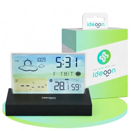 ideoon Moderne Funk-Wetterstation farbig: Rahmenloses LCD-Display für präzise Wetterprognose & Hygrometer – Mit Aussensensor