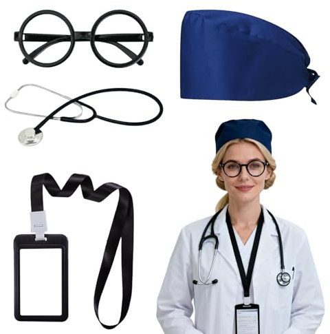 Karneval Kostüm Damen, Arzt Kostüm Set Für Erwachsene Damen Herren Mit Op-Haube Stethoskop Ausweis & Brille Karneval Fasching Doktorset Für Rollenspiel Arzt Kostüm Herren Arzt Kostüm Damen