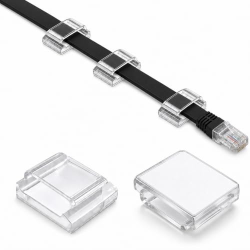 Adhesive Cable Clips, 100 Pcs Clear Holders for Flat Ethernet Cable | Ethernet Cable Clips and Clear Cable Clips, transparent with strong self-adhesive backing for desks, walls and fairy lights