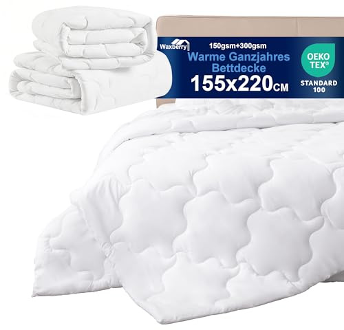 Waxberry 4 Jahreszeiten Bettdecke 155x220, 2 Teilig Set - Winterdecke 450gsm - Ganzjahresdecke 300gsm + Sommerdecke 150gsm, Weiche Steppdecke Waschbar Anti-Allergisch, Weiß
