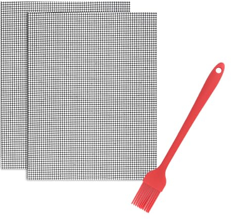 mmoonni 2 tappetini per barbecue, 40 × 30 cm, con pennello in silicone, griglia antiaderente | In nero, riutilizzabile, resistente al calore, tappetino per barbecue a gas, carbone, grill elettrico, friggitrice ad aria