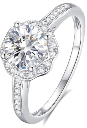 Tolldek Gelbgold 18 Karat Trauringe, Elegant Blumen Eheringe mit Moissanit, Echtes Solitärring PT950 Platinum, Gr.47-65