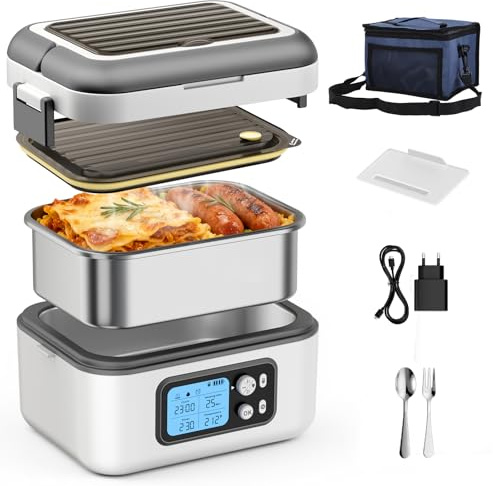 Jradse Scaldavivande Elettrico, 1,5L Lunch Box Elettrica, 27000mAh Scaldavivande Elettrico Portatile, Acciaio Inox, Lunchbox Autoriscaldante Ricaricabile per Ufficio Auto Viaggi Campeggio, Bianco