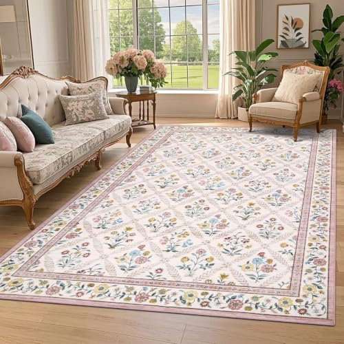 FairyStyle Waschbarer Teppich 120x170 cm, Blumen & Rauten Design, Rosa | ca. 6mm Ultradünn, Vintage Kurzflor-Teppich für Wohnzimmer Schlafzimmer Kinderzimmer, rutschfest, pflegeleicht, faltbar