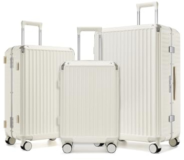 KONO Koffer-Set M/L/XL aus PC mit Aluminiumrahmen und Handyhalterung | Drei reißverschlusslose Hartschalen-Trolleys mit Haken und stabilem Rahmen – für kurze und längere Reisen