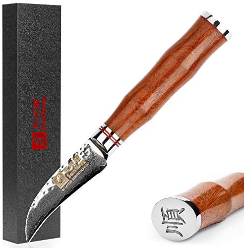 Sunlong Cuchillo para pelar - Cuchillo para pelar pico de pájaro de 3.5 pulgadas - Súper afilado - Acero de Damasco martillado japonés - Mango de palisandro natural