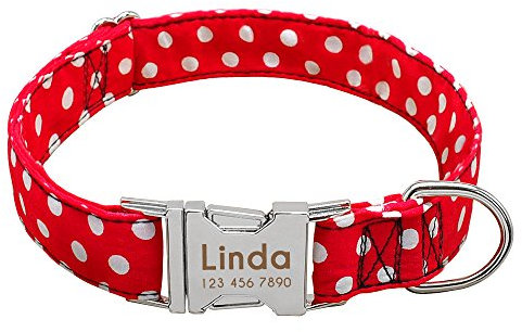 Didog Hundehalsband, weiches Nylon mit Edelstahl-Schnellverschluss-Schnalle, Punktemuster mit Namensschild, für kleine, mittelgroße Hunde, Rot, Größe M