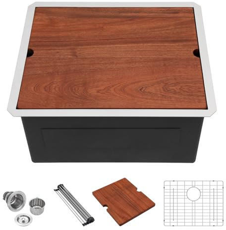 Lordear 23 Inch Laundry Room Sink Undermount 16 Gauge Stainless Steel Single Bowl 13 Inch Deep Handmade Utility Sink with Full Cutting Board, 23 x 19 x 13