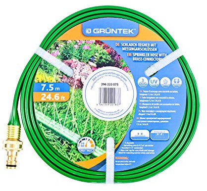 GRÜNTEK Tubo Irrigatore Forato Nebulizzatore Irrigazione a pioggia goccia per Giardino Orto stretti e lunghi. Tubo 7,5m Verde raccordi in ottone