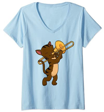 Damen Jazz Musik Katze Posaune Musik Männer Big Band Posaune T-Shirt mit V-Ausschnitt