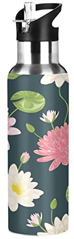 Mnsruu Arte Fiore di Loto Fiore Borraccia Termica con Cannuccia Sportiva, Bottiglia Acqua in Acciaio Inox Isolato 600ML Senza BPA per Bevande Calde e Fredde per Bambini Scuola