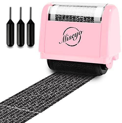 Miseyo Wide Identity Theft Protection Roller Stamp Set - Pink (3 Refill Ink Included)