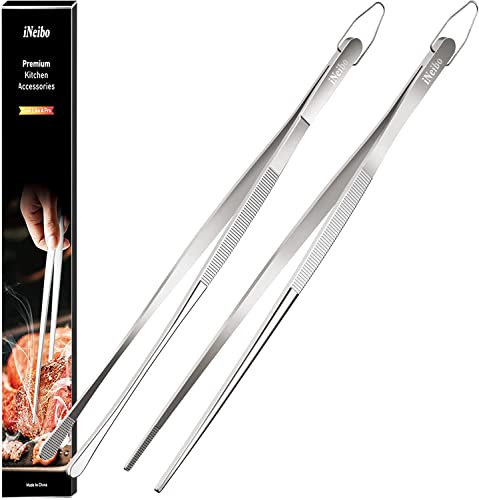 iNeibo Grillzange Edelstahl Kochpinzette Küchenzange Premium Qualität Zange Küche Pinzette Lang Verwendbar als Pinzette Küche Grillpinzette Fleischzange Küchenpinzette 2er-Set 30 cm Spitz/Rund
