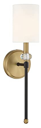 Savoy House 9-1888-1-143 Tivoli Traditional White Fabric Wall Sconce with Clear Crystal Accents, 1-Light 60 Watt, 19 H x 5 W, Matte Black & Warm Brass