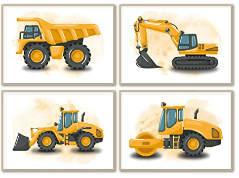 4er Set Baufahrzeuge Baumaschinen Bagger Poster Kinderzimmer Deko Junge - Wanddeko Baustelle Bilder Babyzimmer - Radlader Walze Kipplaster Wandbilder DIN A4 ohne Rahmen