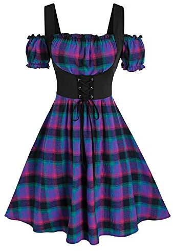 DeaAmyGline Punk Kleid Damen Dirndl Trachtenkleid Oktoberfest Maid Gothic Kleidung Kariertes Palast Mittelalter Vintage Renaissance Viktorianischen Halloween Kostüm Karneval Cosplay Kleider