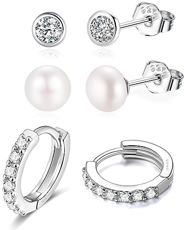 3er Ohrringe Set Für 3 Ohrlöcher Silber 925 Echtsilber -Süßwasserperlen Ohrringe-Zirkonia Ohrstecker-Creolen Hoops - 3 Paar Pack Nickelfrei
