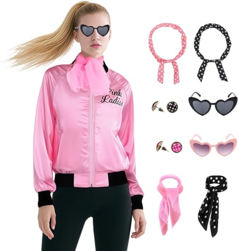 Mrsclaus Pink Ladies C031L Costume pour femme années 50 avec veste et legging noir, lunettes et boucles d'oreilles Rock'n Roll Grease Musical Halloween Costume de carnaval