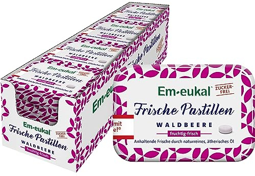 Em-eukal Frische Pastillen Waldbeere fruchtig-frisch, Zuckerfrei, Anhaltende Frische durch naturreines & ätherisches Öl, 12x20 g