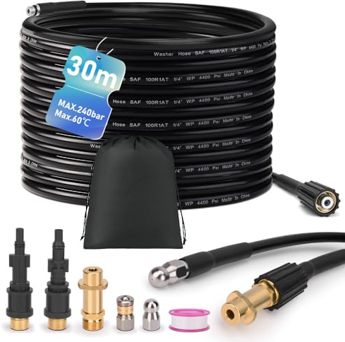 Rörrengöringsslang set 30 m, 240 bar inkl. 3 adaptrar, 2 munstycken styva och roterande kompatibel med K2, K3, K4, K5, K6, K7, LAVOR, Bosch, Parkside högtryckstvätt rörrengöringsset högtrycksslang