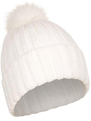 Mountain Warehouse Geneva Fur Lined Womens Fluff Beanie - Lightweight, Compact, Easy to Pack, Soft Fleece Lining & Fluffy Pom Pom - Ideal for White (Fur Lined) One Size