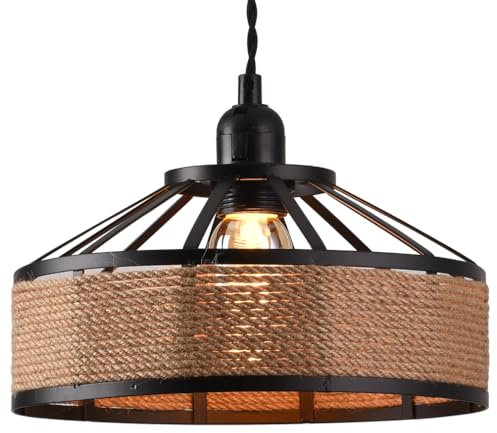 Metal & Rope Lamp Shades Ceiling, Small Retro Hemp Rope Black Ceiling Lampshade with Reducer Ring Pendant Light Shade for Living Room, Bedroom, Kitchen, Hallways & Floor Lamp