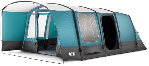 Trail Luxton Inflatable 6 Man Air Tent, Large Family Camping Tunnel Tent, 5000mm Waterproof, Dark Zone Bedroom, Living Area, Front Awning, Cable Access, Bag & Pump (L600cm x W380cm x H210/200cm)