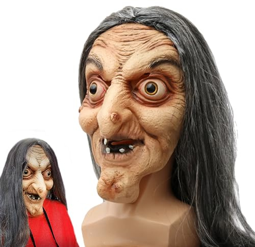 Micacorn Halloween-mask, gammal häxmask med hår, skräck i latex, realistisk mask, häxhuvud, helansikte, mask för halloween, karneval, fest, cosplay, dekorationer
