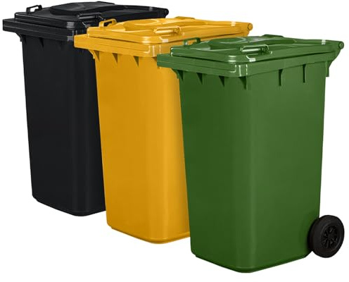 Juego de 3 cubos de basura para basura PN-EN 840, de 240 litros, con ruedas, sistema de enganche para extracción mecánica, de plástico, negro, amarillo, verde