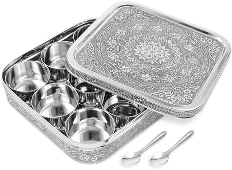 KSJONE Designer Indian Spice Tin Stainless Steel Masala Dabba LARGE Curry Cooking Spice Tiffin Tin Box Kitchen Masala Container Spice Container 9 Compartments Storage Set