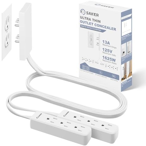 Saker Dual 5ft Flat Extension Cord with 6 Outlets, 1625W | Outlet Cover Extension Cord, Flat Plug, Baby Proof, Universal Size for Home, Kitchen, Office | Safe Outlet Concealer