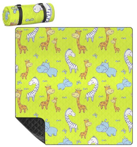 Mularoka Zebra Giraffe Nilpferd Picknickdecke, wasserdicht, sanddicht, faltbar, Stranddecke, 200,7 x 200,7 cm, extra groß, tragbar, waschbar, Outdoor-Matte für Camping, Park, Gras, Wandern, Reisen