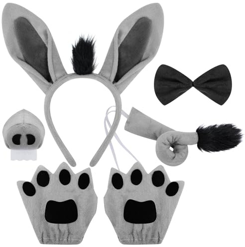 VGMANNTA 6-delat set med åsna djurkostym, barn och vuxna, åsna, öron och svans, åsna, näsa, knut, handskar, djurkostym, åsna, utklädnad, för cosplay, halloween, karneval